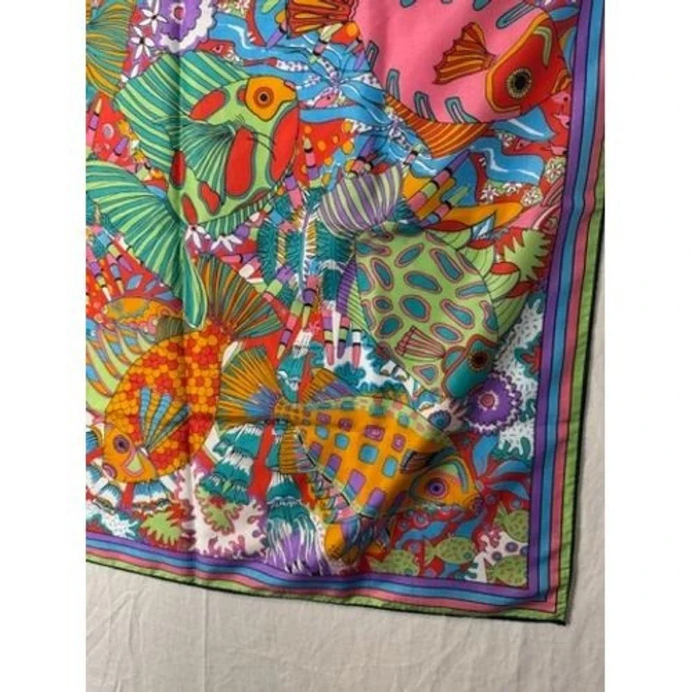Vintage Colorful Fish Print Scarf Bright vtg Tropical Ocean Foulard Wild Rag 70s